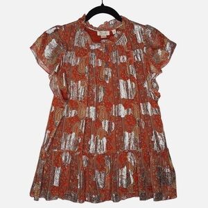 Anthropologie Let Me Be Vanna Shimmer Paisley Top Flutter Sleeve Pleated